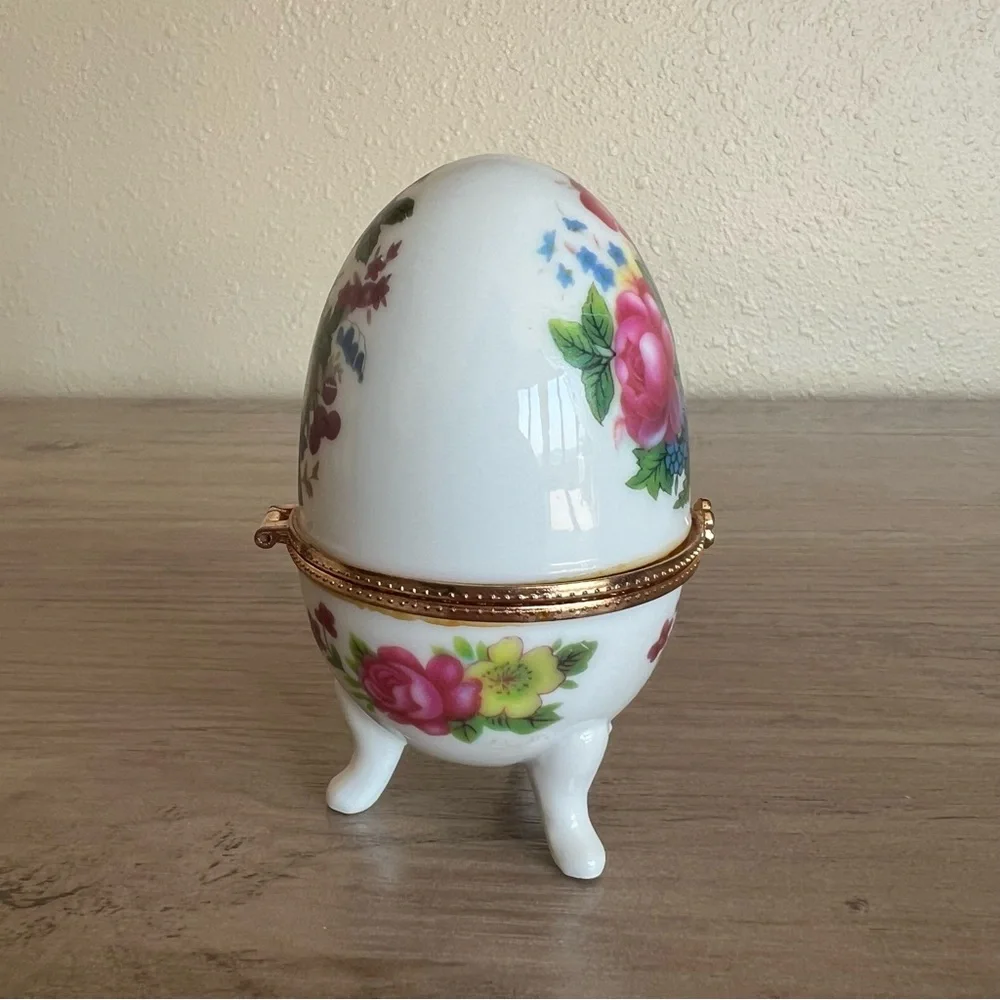 Vintage Porcelain Egg Trinket Box Jewelry Holder Floral Hinged Decor